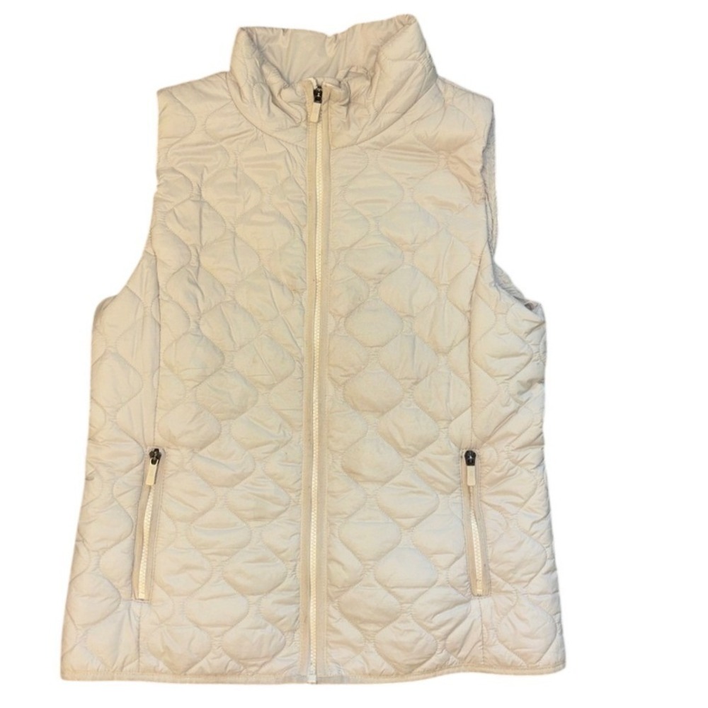 Bass Outdoor Womens Quilted Puffer Vest Cream Beige Full Zip Pockets Medium gorp